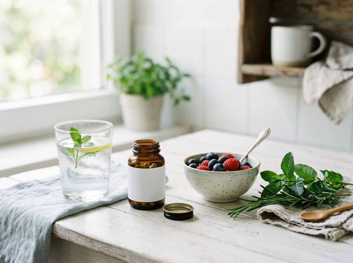 A glass of water and a supplement bottle on a bright kitchen table for a daily supplement for an active lifestyle