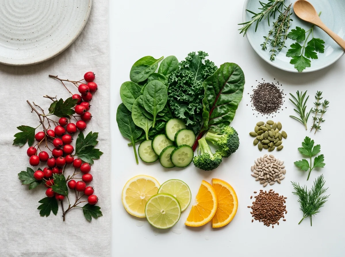 Fresh hawthorn berries, leafy greens and citrus ingredients for a food supplement for circulation and energy